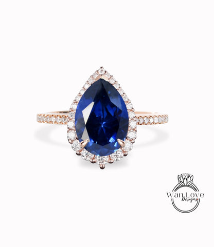 Antique Pear shaped Blue Sapphire engagement ring vintage Art deco Unique ring white gold Diamond halo wedding promise ring Anniversary ring Wan Love Designs