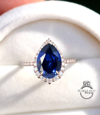 Antique Pear shaped Blue Sapphire engagement ring vintage Art deco Unique ring white gold Diamond halo wedding promise ring Anniversary ring Wan Love Designs