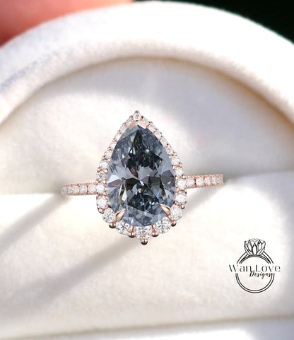 Antique Pear shaped Gray Moissanite engagement ring vintage Art deco Unique ring white gold Diamond halo wedding promise ring Anniversary ring Wan Love Designs