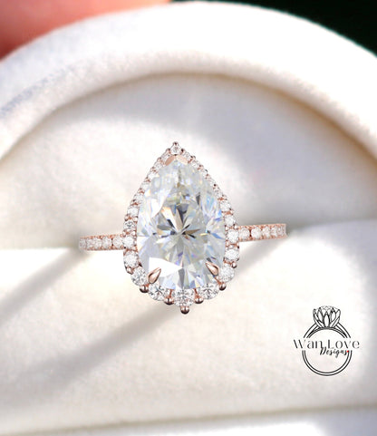 Antique Pear shaped Moissanite engagement ring vintage Art deco Unique ring white gold Diamond halo wedding promise ring Anniversary ring Wan Love Designs