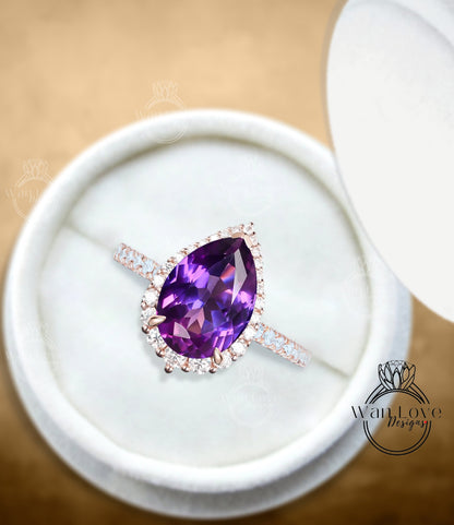 Antique Pear shaped Purple Sapphire Alexandrite Color engagement ring vintage Art deco Unique ring white gold Diamond halo wedding promise ring Anniversary ring Wan Love Designs