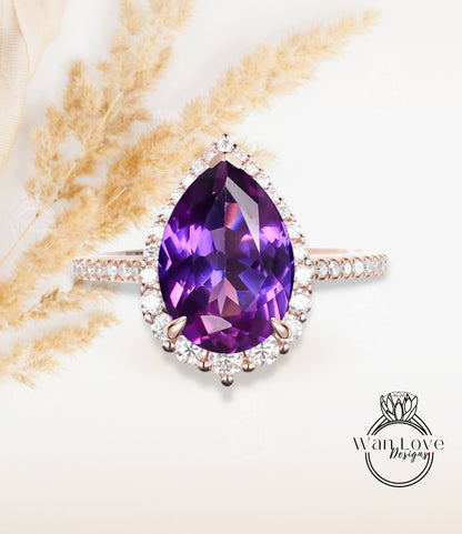 Antique Pear shaped Purple Sapphire Alexandrite Color engagement ring vintage Art deco Unique ring white gold Diamond halo wedding promise ring Anniversary ring Wan Love Designs