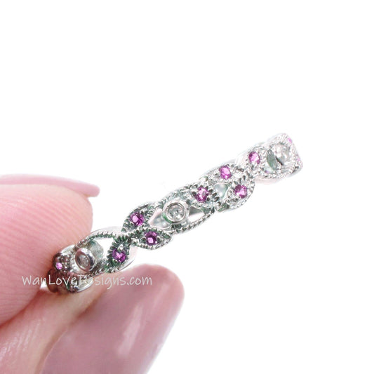 Antique Ruby Leaf Ring, Diamond Anniversary Ring, Ruby and Diamond Anniversary Ring, Birthstone and Diamond Wedding Band, Wedding Band hers Wan Love Designs