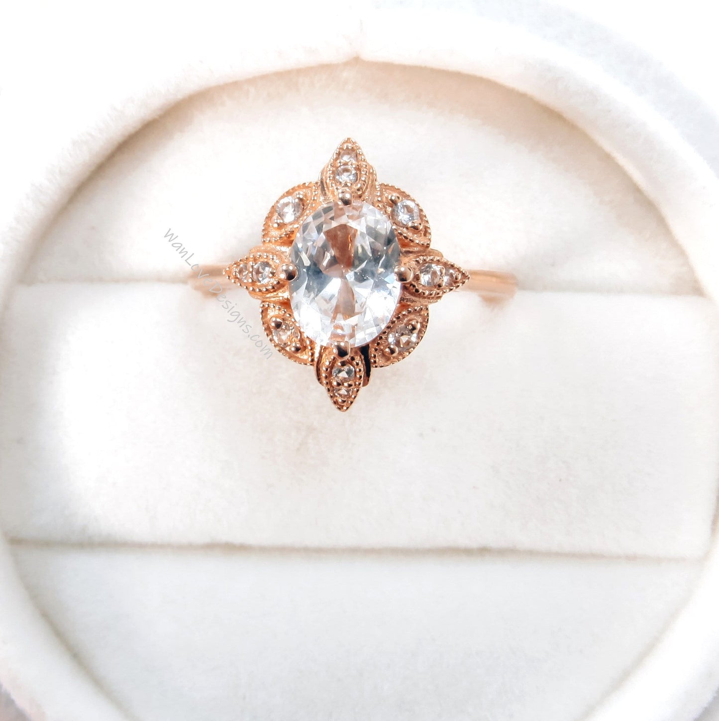 Antique oval shape White Sapphire engagement ring vintage rose gold milgrain ring oval cut diamond halo ring anniversary promise bridal ring Wan Love Designs
