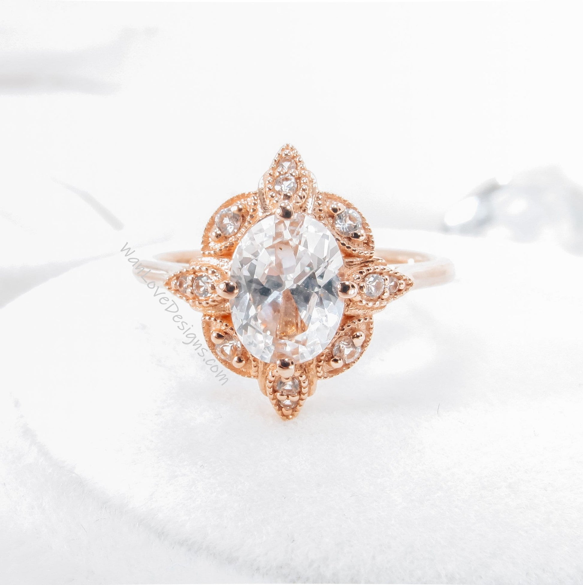 Antique oval shape White Sapphire engagement ring vintage rose gold milgrain ring oval cut diamond halo ring anniversary promise bridal ring Wan Love Designs