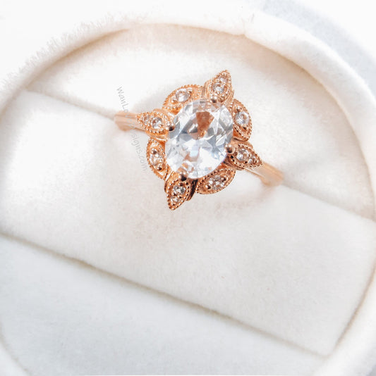 Antique oval shape White Sapphire engagement ring vintage rose gold milgrain ring oval cut diamond halo ring anniversary promise bridal ring Wan Love Designs