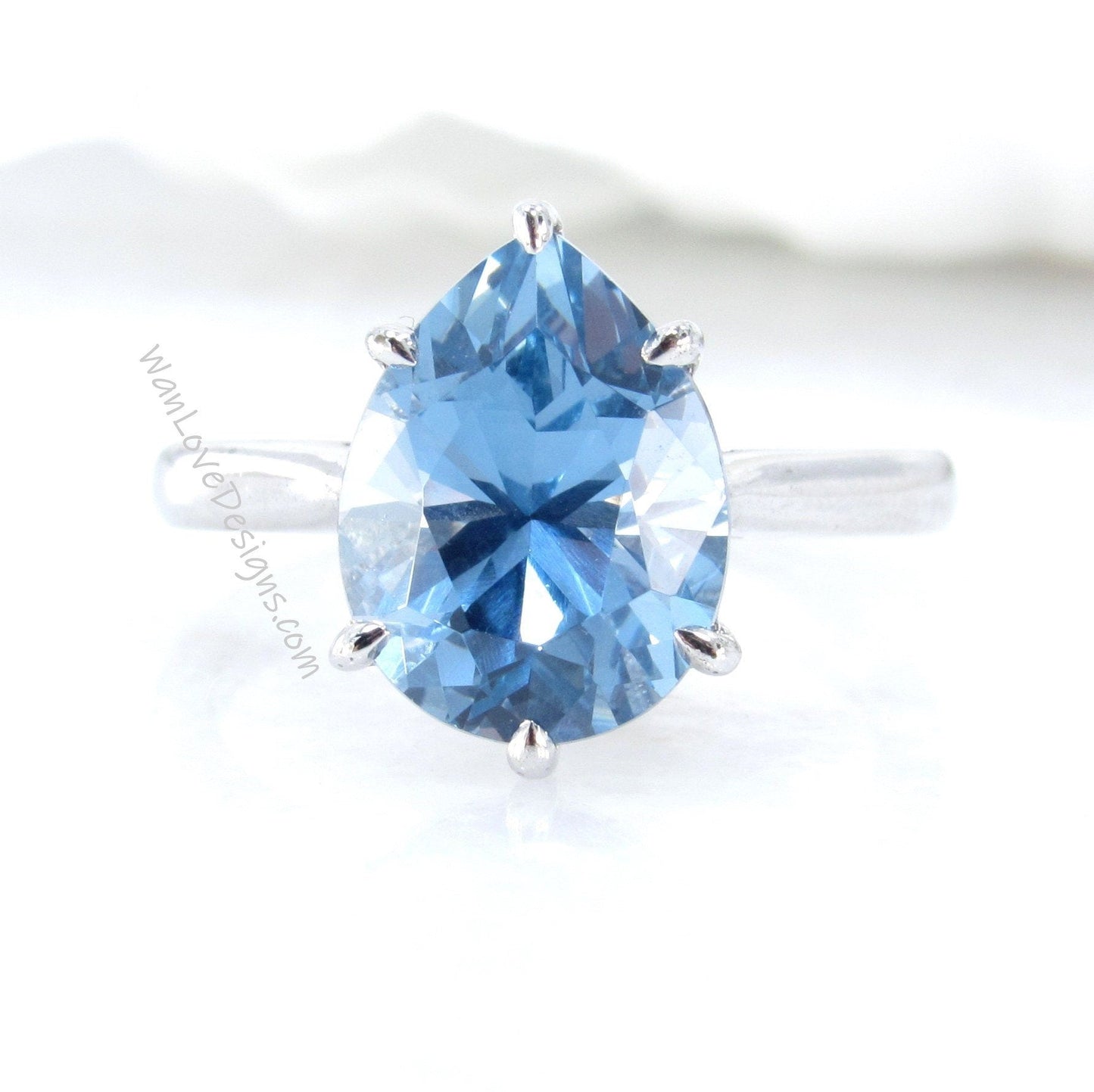 Aquamarine Blue Spinel 6 Prong Pear Solitaire Engagement Ring Cathedral 4.5ct 12x9mm Wedding Anniversary Ready to ship Wan Love Designs