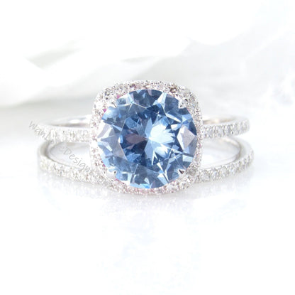 Aquamarine Blue Spinel & Diamond Cushion Halo Engagement Ring Wedding Band Set-Round 14k 18k White Yellow Rose Gold-Platinum-Custom Wan Love Designs