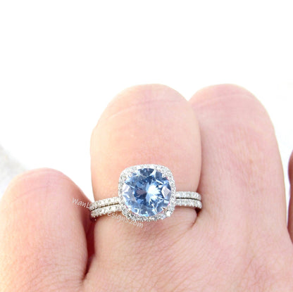 Aquamarine Blue Spinel & Diamond Cushion Halo Engagement Ring Wedding Band Set-Round 14k 18k White Yellow Rose Gold-Platinum-Custom Wan Love Designs