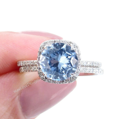 Aquamarine Blue Spinel & Diamond Cushion Halo Engagement Ring Wedding Band Set-Round 14k 18k White Yellow Rose Gold-Platinum-Custom Wan Love Designs