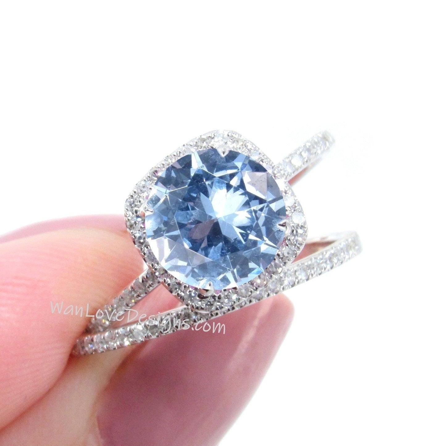 Aquamarine Blue Spinel & Diamond Cushion Halo Engagement Ring Wedding Band Set-Round 14k 18k White Yellow Rose Gold-Platinum-Custom Wan Love Designs