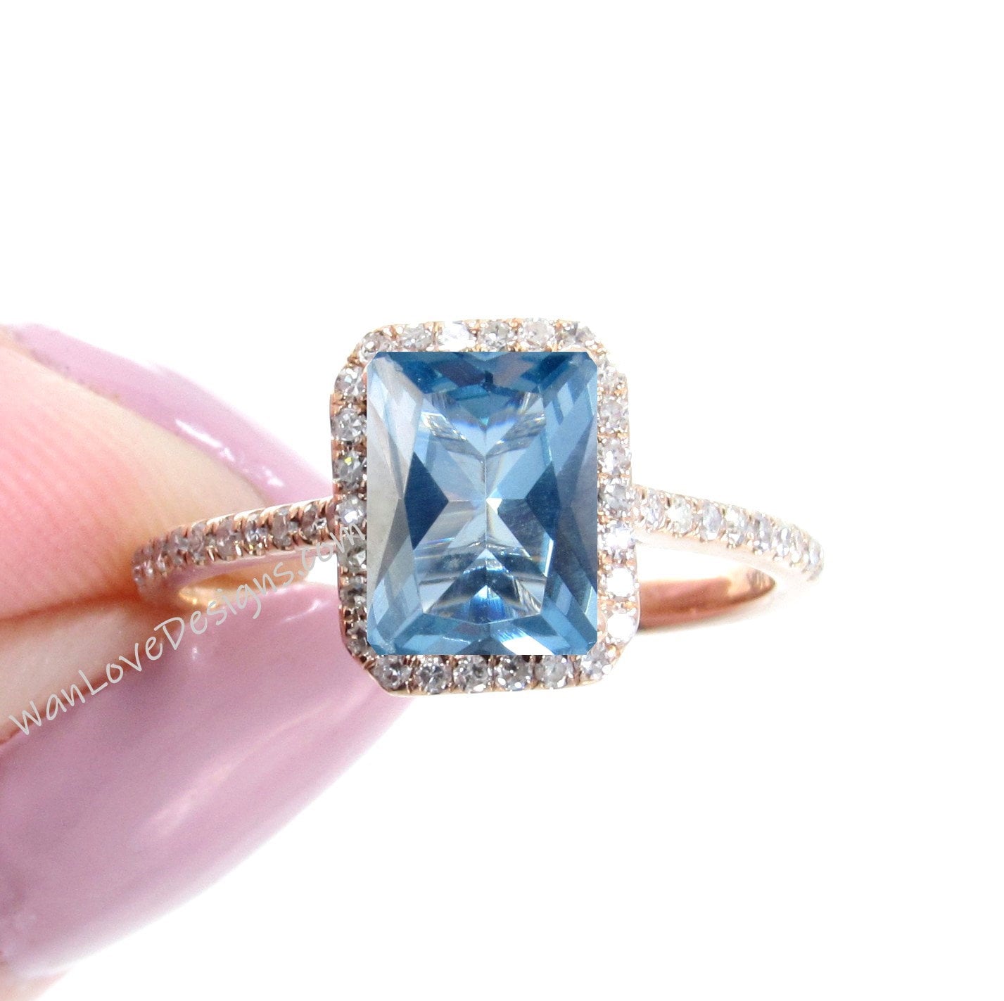 Aquamarine Blue Spinel Diamond Emerald Radiant Halo Engagement Ring, Custom-14k White Yellow Rose Gold, Platinum, Wedding Wan Love Designs