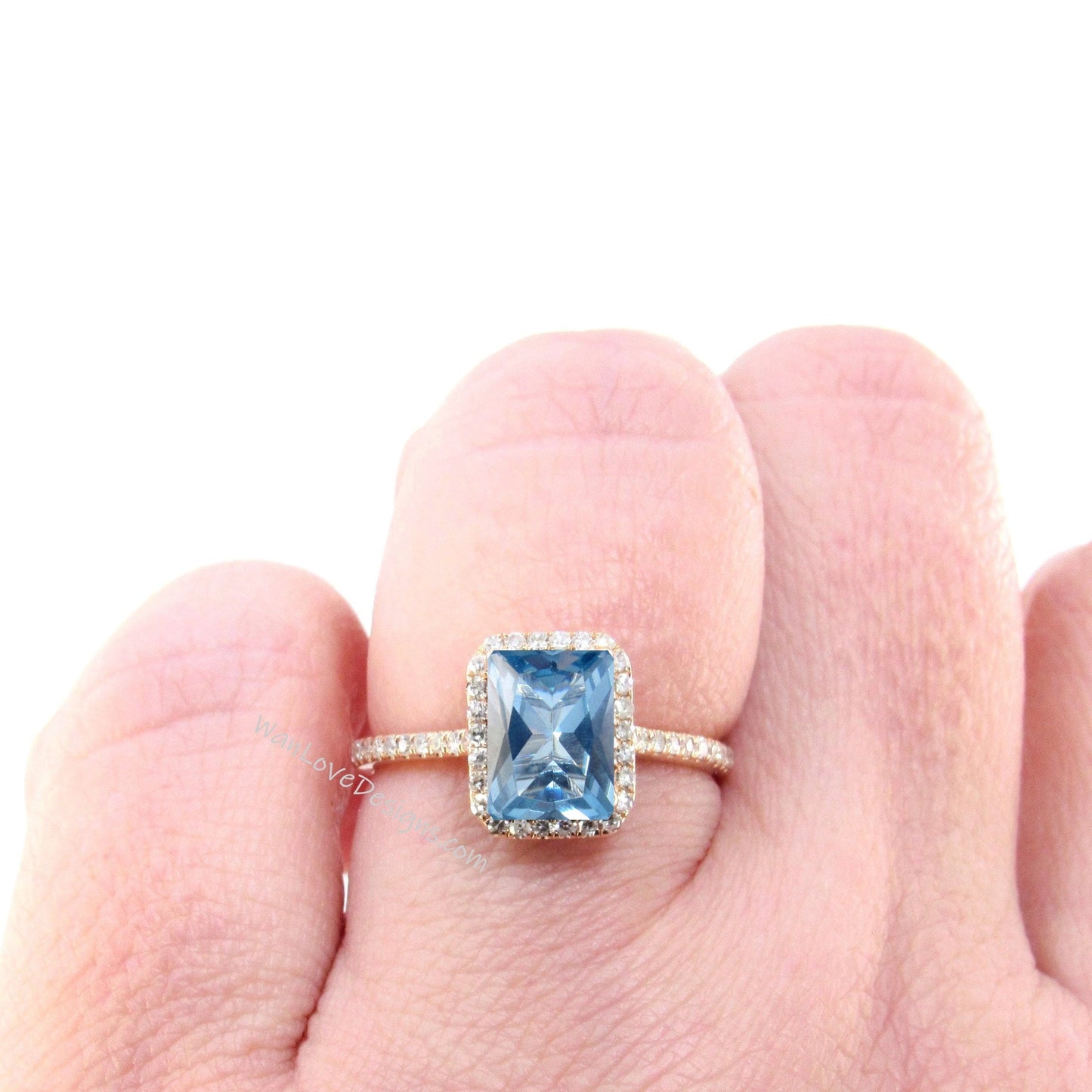 Aquamarine Blue Spinel Diamond Emerald Radiant Halo Engagement Ring, Custom-14k White Yellow Rose Gold, Platinum, Wedding Wan Love Designs