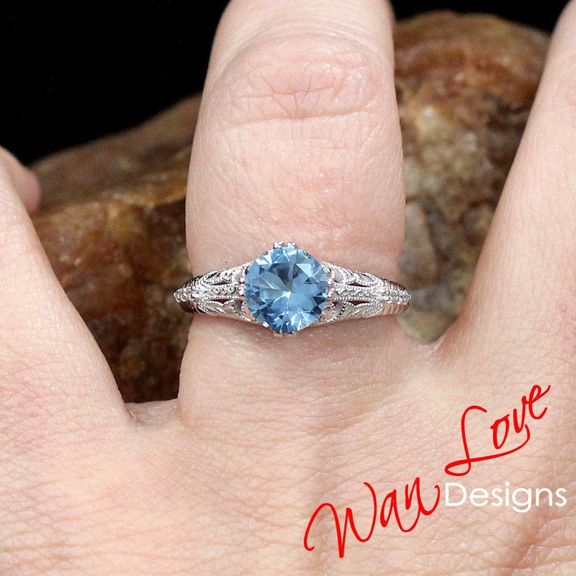 Aquamarine Blue Spinel & Diamond Engraved Antique Engagement Ring, Round, 1.5ct-7mm-Custom-14k 18k White Yellow Rose Gold-Platinum-Wedding Wan Love Designs