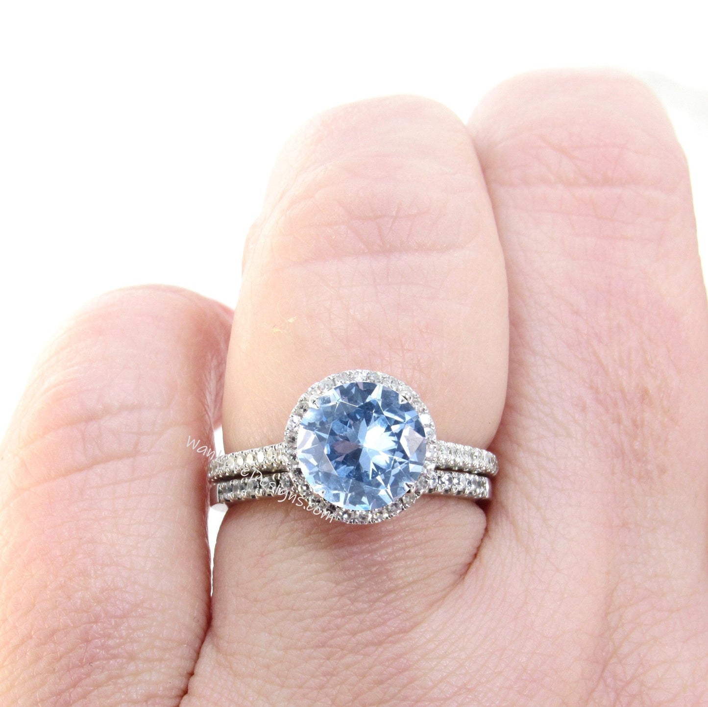 Aquamarine Blue Spinel & Diamond Halo Engagement Ring, Wedding Band Set, Round, Custom, Anniversary Gift, Proposal, Bridal, Basket Wan Love Designs