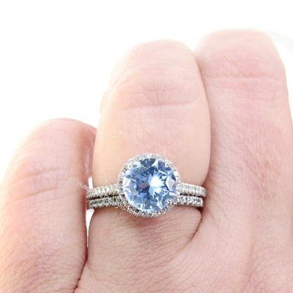 Aquamarine Blue Spinel & Diamond Halo Engagement Ring, Wedding Band Set, Round, Custom, Anniversary Gift, Proposal, Bridal, Basket Wan Love Designs