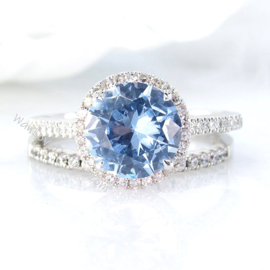 Aquamarine Blue Spinel & Diamond Halo Engagement Ring, Wedding Band Set, Round, Custom, Anniversary Gift, Proposal, Bridal, Basket Wan Love Designs