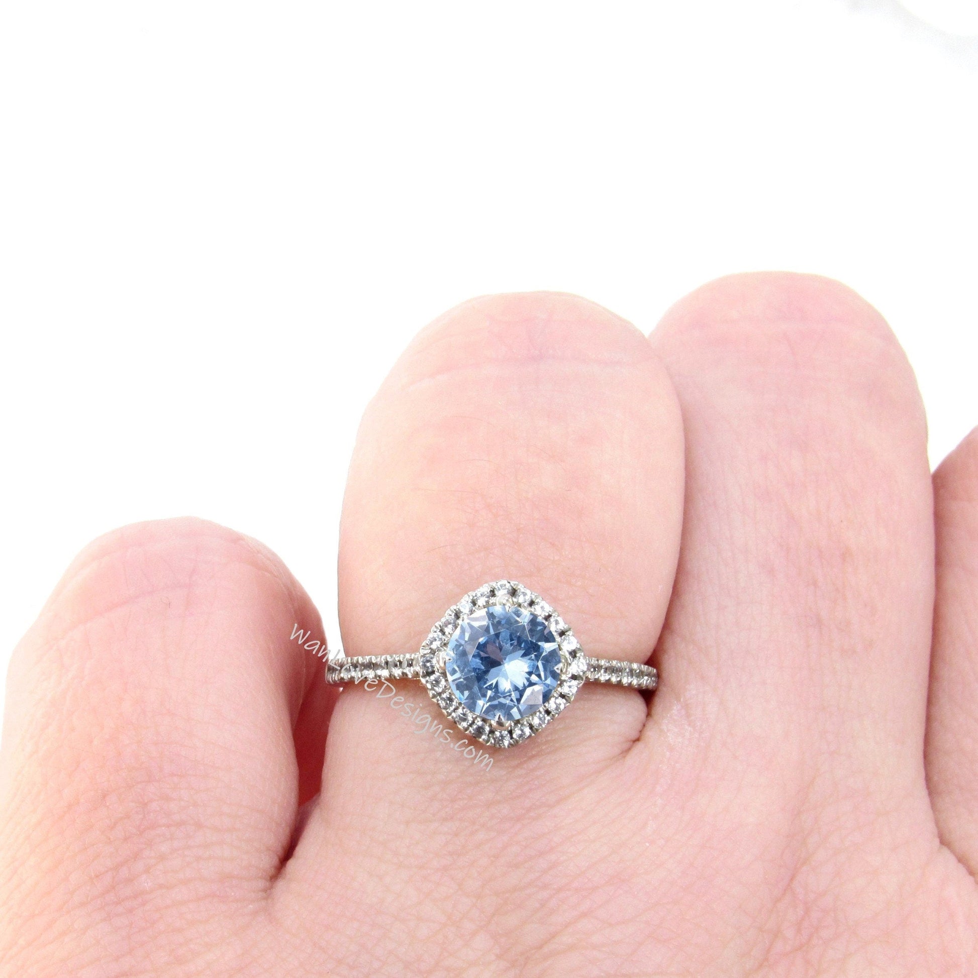 Aquamarine Blue Spinel & Diamond Kite Cushion Halo Round Engagement Ring Set, Half Eternity Wedding Band, 14k 18k White Rose Yellow Gold Wan Love Designs