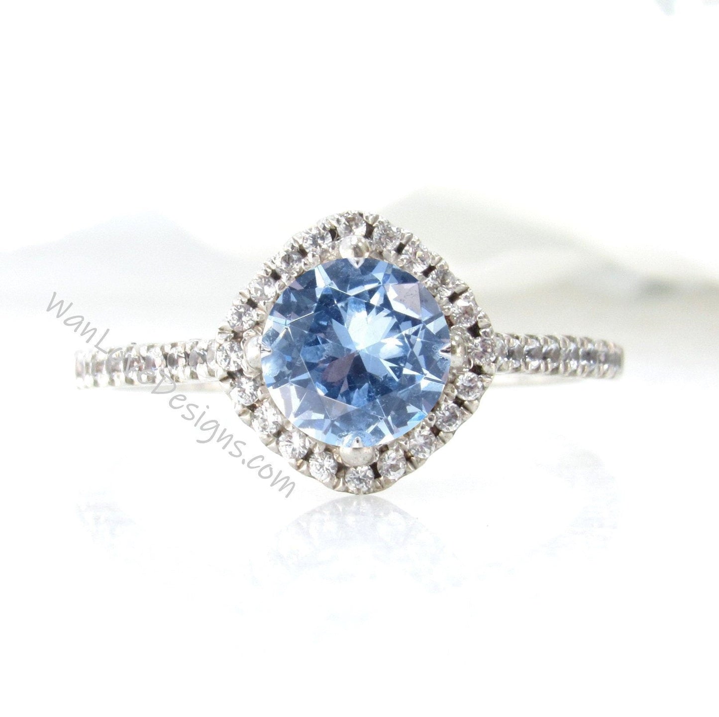 Aquamarine Blue Spinel & Diamond Kite Cushion Halo Round Engagement Ring Set, Half Eternity Wedding Band, 14k 18k White Rose Yellow Gold Wan Love Designs