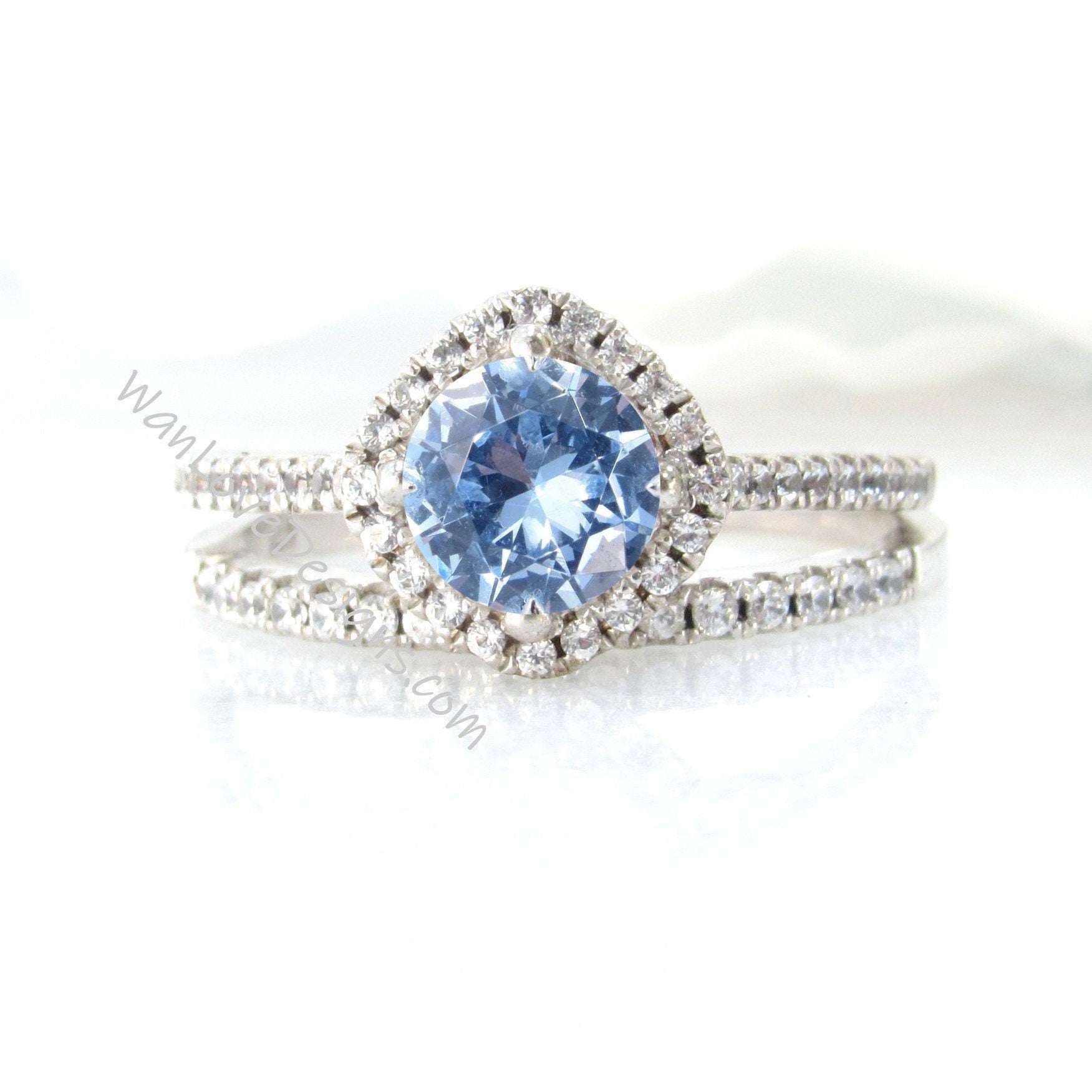 Aquamarine Blue Spinel & Diamond Kite Cushion Halo Round Engagement Ring Set, Half Eternity Wedding Band, 14k 18k White Rose Yellow Gold Wan Love Designs