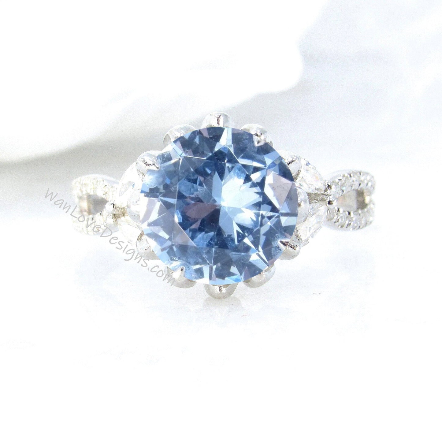 Aquamarine Blue Spinel & Diamond Lotus Flower Engagement Ring Marquise Round 14k 18k White Yellow Rose Gold-Platinum-Custom Wan Love Designs
