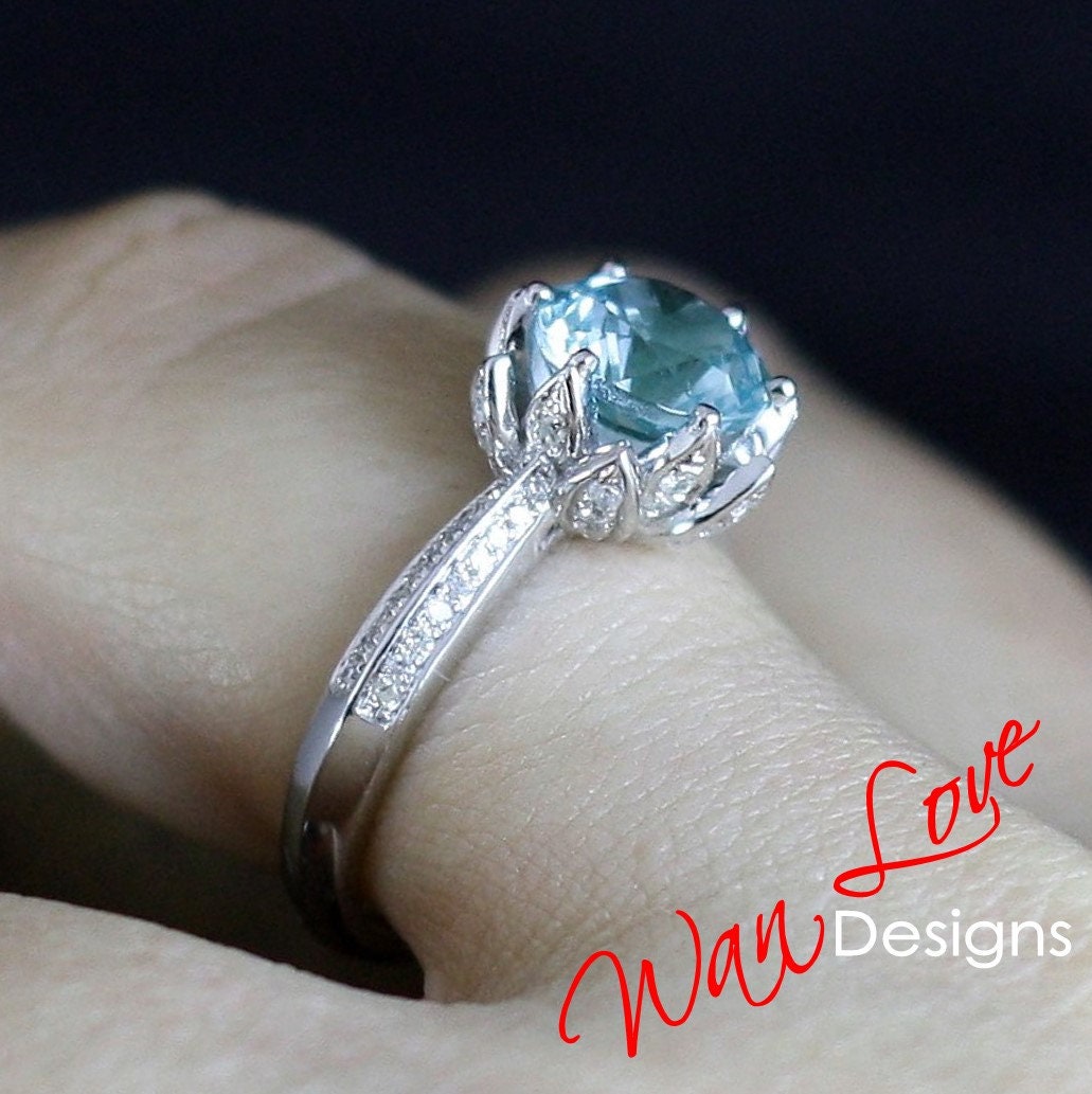 Aquamarine Blue Spinel & Diamond Lotus Flower Engagement Ring, Round, Custom, 14k 18k Rose White Yellow Gold, Platinum Wan Love Designs
