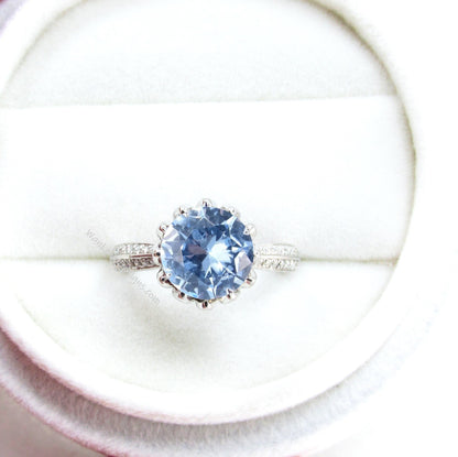 Aquamarine Blue Spinel & Diamond Lotus Flower Engagement Ring, Round, Custom, 14k 18k Rose White Yellow Gold, Platinum Wan Love Designs