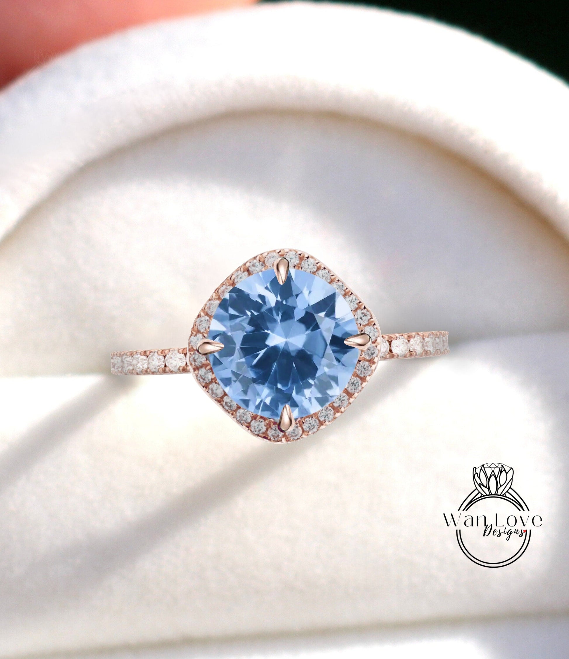 Aquamarine Blue Spinel & Diamond North Kite Cushion Halo Engagement Ring Round 14k 18k White Yellow Rose Gold Platinum Custom Wan Love Designs