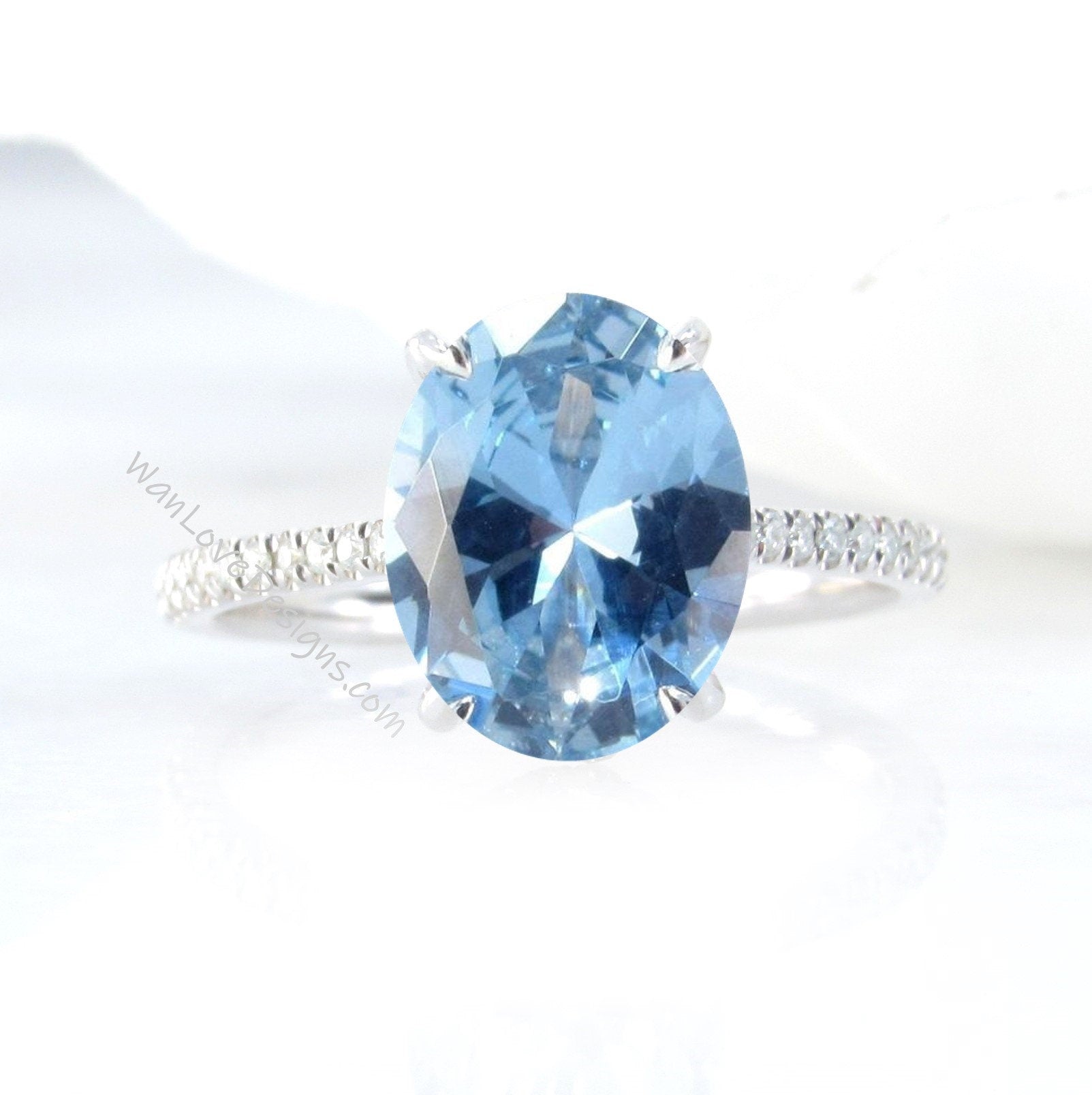 Aquamarine Blue Spinel & Diamond Oval Side Halo Engagement Ring, Halfway Half Eternity Celebrity Ring, Custom-Wedding-14k 18k gold-Platinum Wan Love Designs