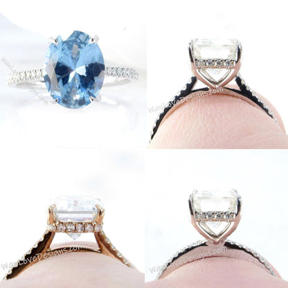 Aquamarine Blue Spinel & Diamond Oval Side Halo Engagement Ring, Halfway Half Eternity Celebrity Ring, Custom-Wedding-14k 18k gold-Platinum Wan Love Designs