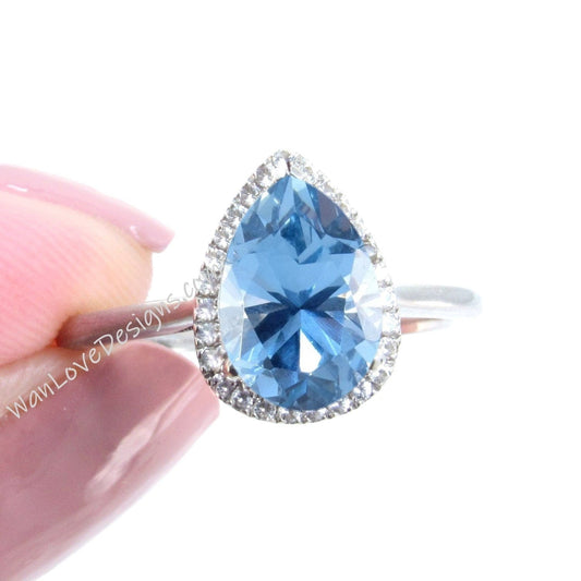 Aquamarine Blue Spinel & Diamond Pear Halo Engagement Ring,Plain Shank, Custom-14k 18k White Yellow Rose Gold-Platinum, Platinum Wan Love Designs