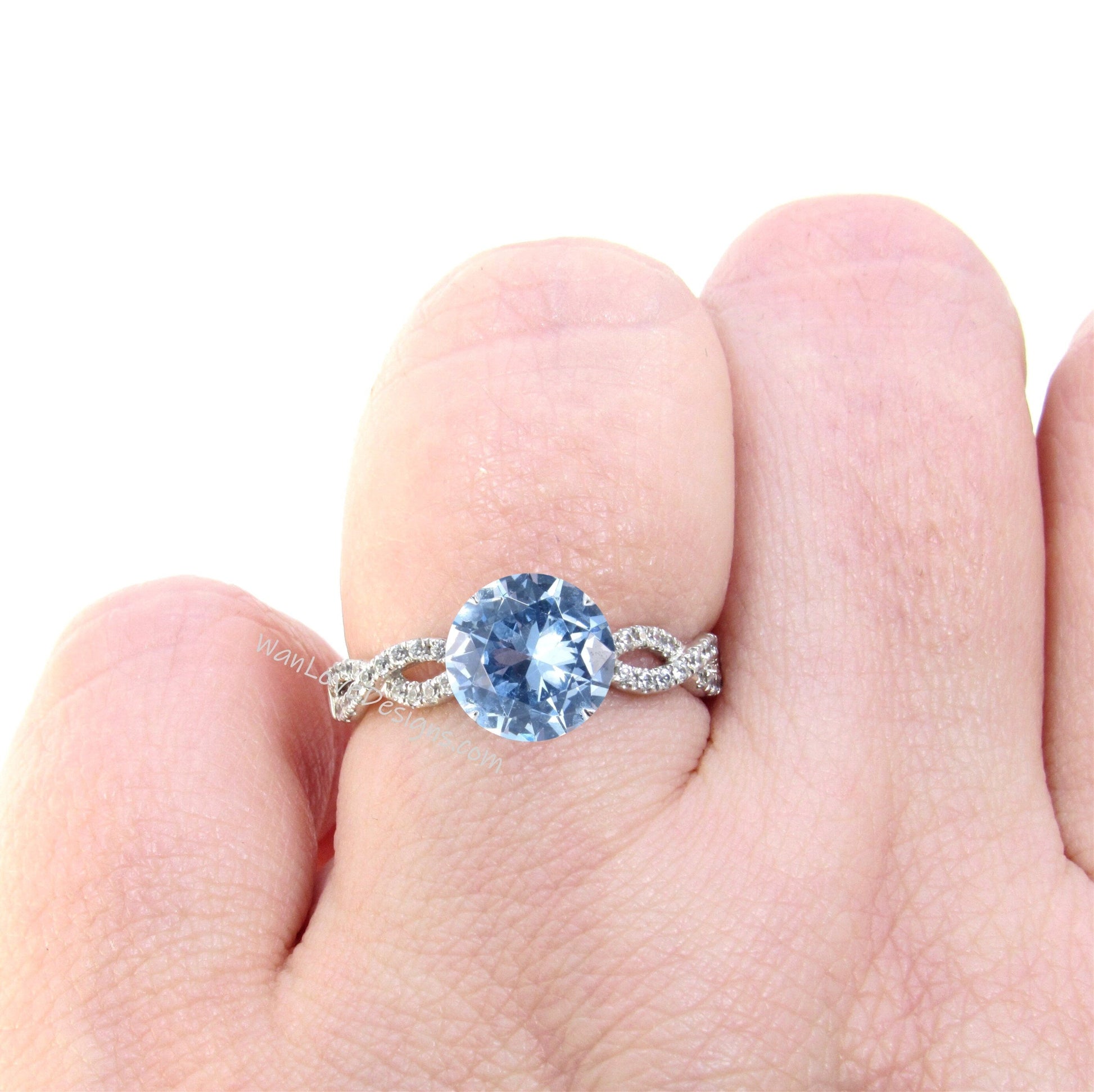 Aquamarine Blue Spinel & Diamond Round Engagement Ring 3/4 Eternity Infinity Twist Custom 14k White Yellow Rose Gold Platinum Gift Wan Love Designs
