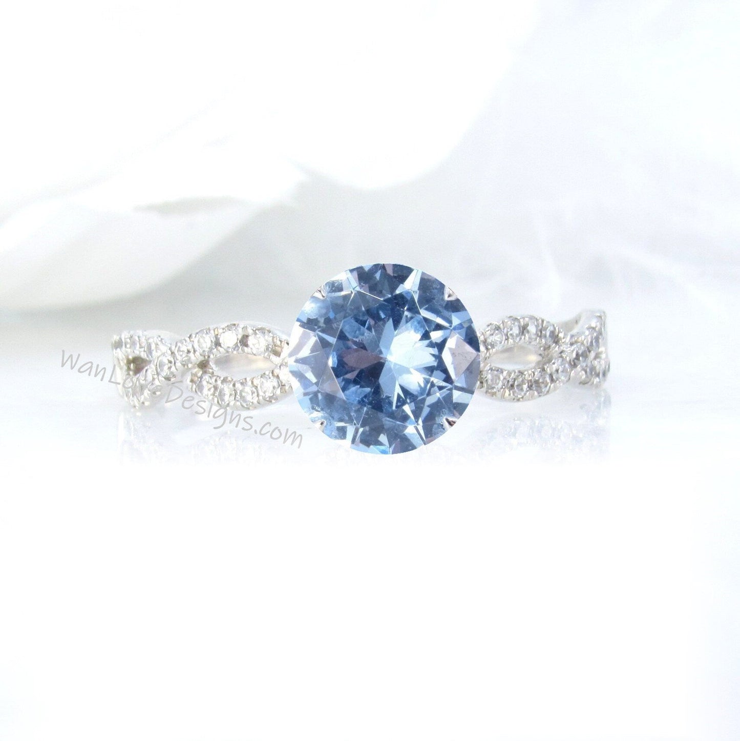 Aquamarine Blue Spinel & Diamond Round Engagement Ring 3/4 Eternity Infinity Twist Custom 14k White Yellow Rose Gold Platinum Gift Wan Love Designs