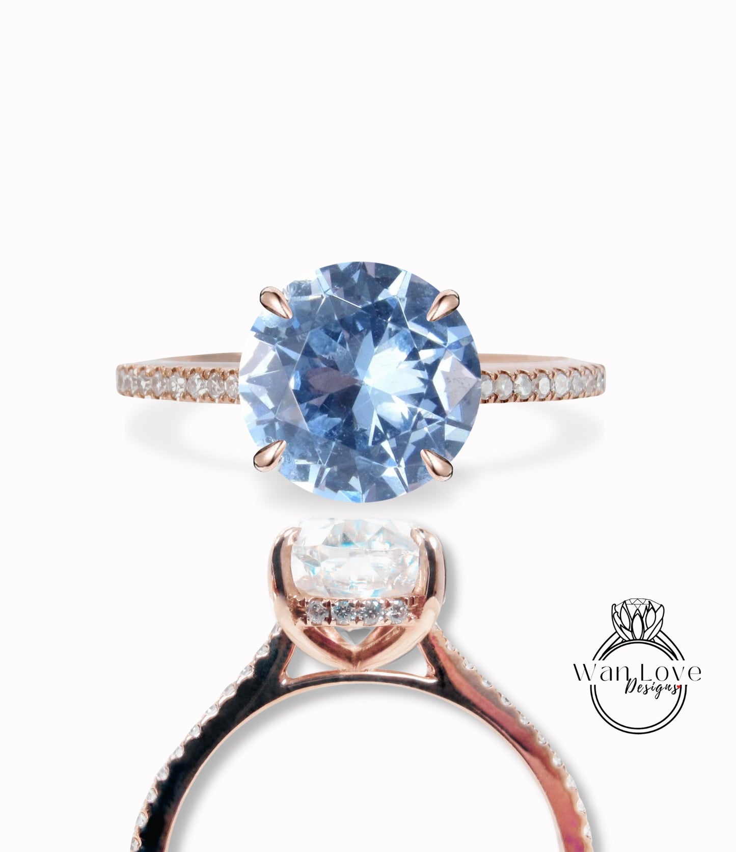 Aquamarine Blue Spinel & Diamond Side Halo Half Eternity Engagement Ring rose gold round ring art deco diamond halo ring wedding Bridal ring Anniversary promise ring Wan Love Designs