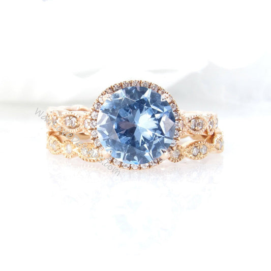 Aquamarine Blue Spinel Diamonds Round Halo WITH or WITHOUT Milgrain Wedding Set Rings Rings, 14kt Solid Rose Gold, WanLoveDesigns Wan Love Designs