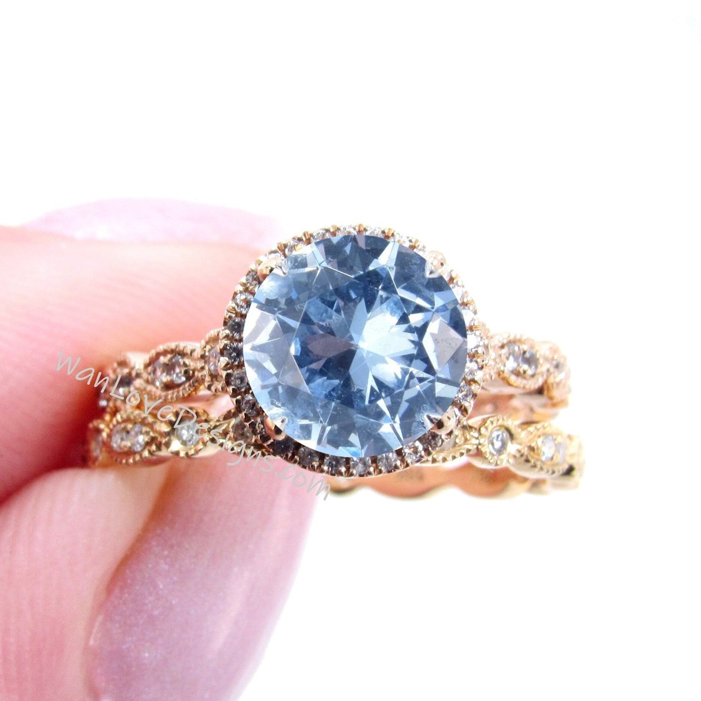 Aquamarine Blue Spinel Diamonds Round Halo WITH or WITHOUT Milgrain Wedding Set Rings Rings, 14kt Solid Rose Gold, WanLoveDesigns Wan Love Designs