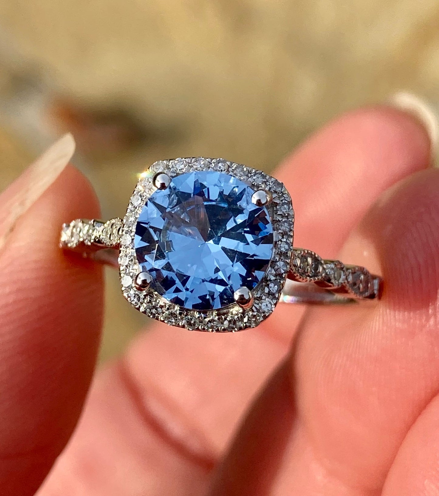 Aquamarine Blue Spinel Engagement Ring Cushion Halo Diamond Spinel Ring vintage milgrain Leaf Scalloped Band Bridal ring promise Ring Wan Love Designs
