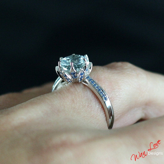 Aquamarine Blue Spinel Lotus Flower Engagement Ring 3ct 9mm Custom Wedding Anniversary 14k 18k White Yellow Rose Gold Platinum Round cut Wan Love Designs