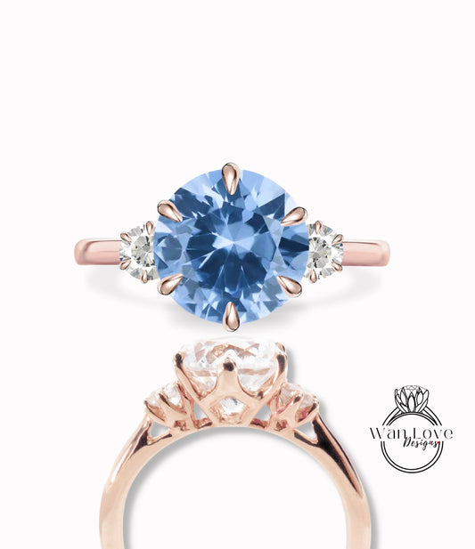 Aquamarine Blue Spinel Moissanite 3 GemStone Engagement Ring, 2ct, 8mm, 3mm, Custom, Wedding, Anniversary Gift, Commitment Gem Stone Wan Love Designs