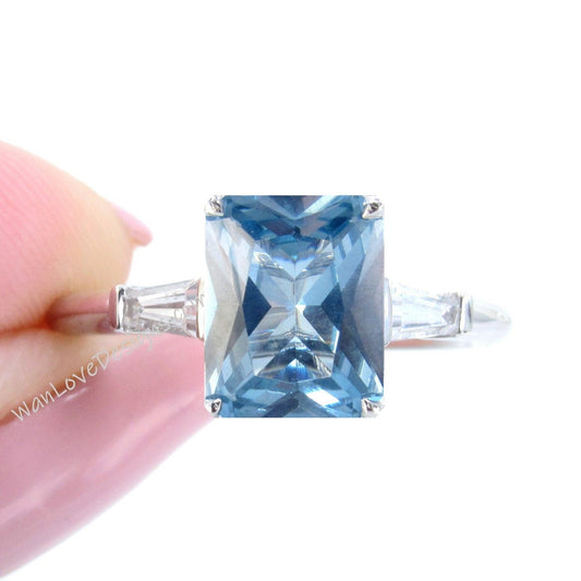 Aquamarine Blue Spinel & Moissanite 3 Stone Emerald Baguette Engagement Ring, 14k 18k White Yellow Rose Gold-Platinum-Custom, WanLoveDesigns Wan Love Designs