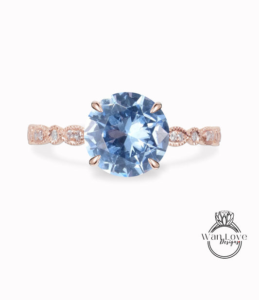 Aquamarine Blue Spinel Round & Diamond Art Deco Vintage Pave WITH or WITHOUT Milgrain Engagement Wedding Ring, 14k 18k Solid Rose White Gold Wan Love Designs
