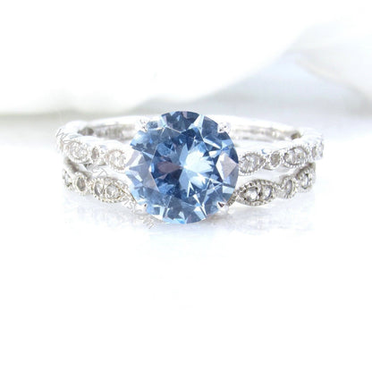 Aquamarine Blue Spinel Round Diamonds WITH Milgrain Wedding Set Rings Rings, 14kt Solid Rose Gold, WanLoveDesigns Wan Love Designs