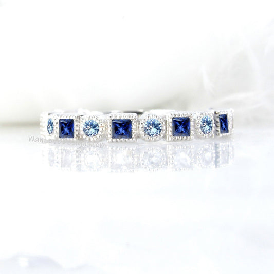 Aquamarine Blue Spinel Stackable Rings/ Half Eternity Blue Sapphire Matching Ring/ Art Deco Women Rings/ Unique Vintage Wedding Bands Wan Love Designs