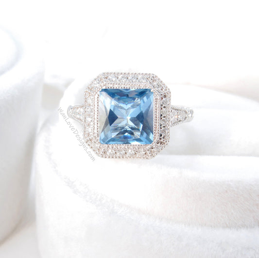 Aquamarine Blue Spinel engagement ring gold vintage Art Deco Bezel Halo engagement ring women Antique diamond Wedding Milgrain Bridal gift Wan Love Designs