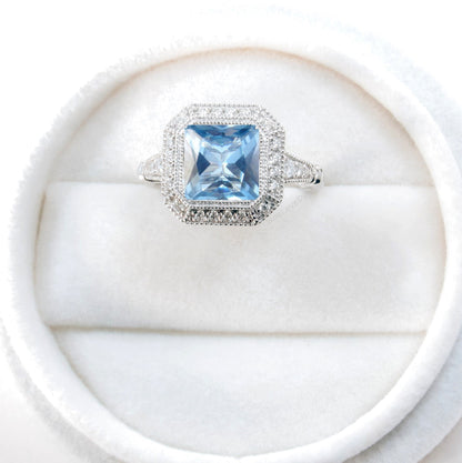 Aquamarine Blue Spinel engagement ring gold vintage Art Deco Bezel Halo engagement ring women Antique diamond Wedding Milgrain Bridal gift Wan Love Designs