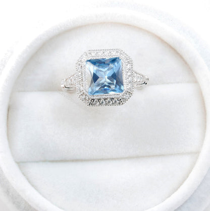 Aquamarine Blue Spinel engagement ring gold vintage Art Deco Bezel Halo engagement ring women Antique diamond Wedding Milgrain Bridal gift Wan Love Designs