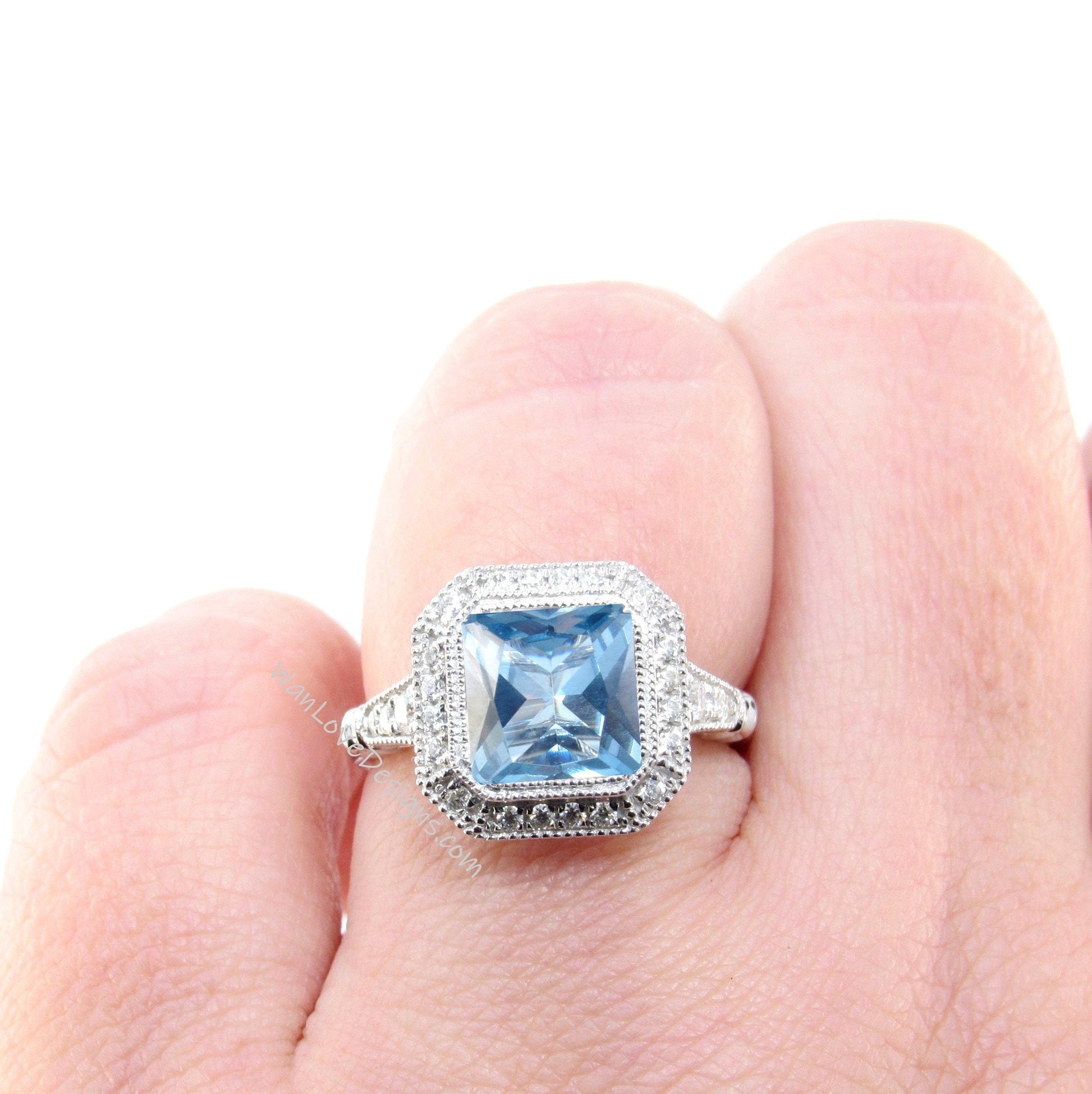 Aquamarine Blue Spinel engagement ring gold vintage Art Deco Bezel Halo engagement ring women Antique diamond Wedding Milgrain Bridal gift Wan Love Designs