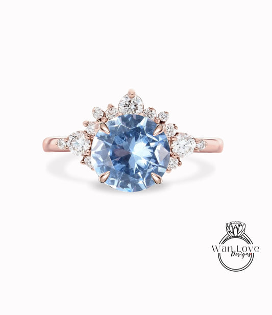 Aquamarine Light Blue Spinel Cluster Half Halo engagement ring Diamonds Unique cluster White Rose Gold Ring woman Promise Anniversary Gift Wan Love Designs