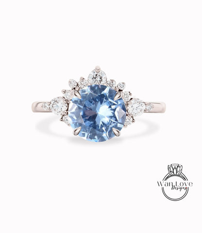 Aquamarine Light Blue Spinel Cluster Half Halo engagement ring Diamonds Unique cluster White Rose Gold Ring woman Promise Anniversary Gift Wan Love Designs