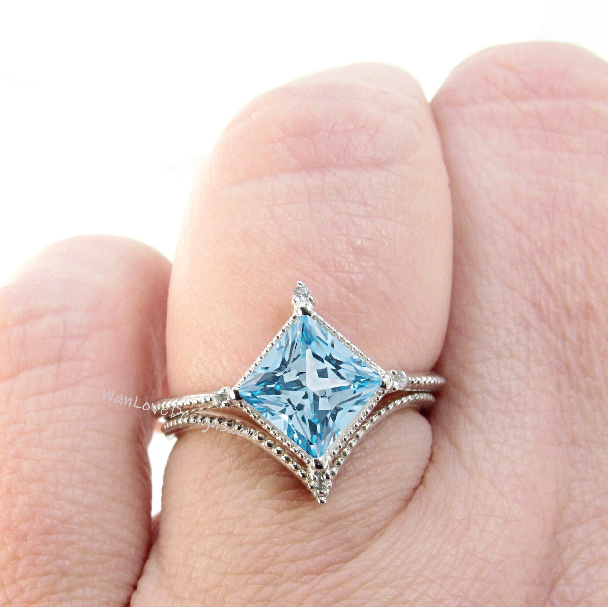 Aquamarine Light Blue Spinel & Diamond Milgrain Princess Kite NSEW Engagement Ring Set, V Chevron Wedding Band,Custom,14k 18k Gold, Platinum Wan Love Designs